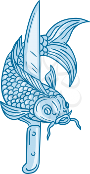 Drawing sketch style illustration of a trout fish and a cook's knife viewed from front set on isolated white background. 