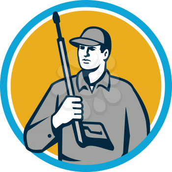 Illustration of power washer worker holding pressure washing gun on shoulder looking to the side viewed from front set inside circle on isolated background done in retro style. 