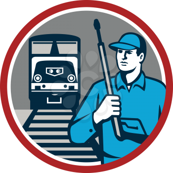 Illustration of power washer worker holding pressure washing gun on shoulder looking to the side with train and rail tracks in the background viewed from front set inside circle done in retro style. 