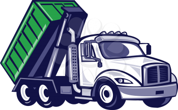 Illustration of a roll-off truck with container bin on back viewed from side set on isolated white background done in cartoon style. 
