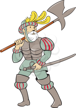 Illustration of a spanish conquistador standing walking holding ax lance on shoulder and sword in the other hand looking to the side viewed from front set on isolated white background done in cartoon 