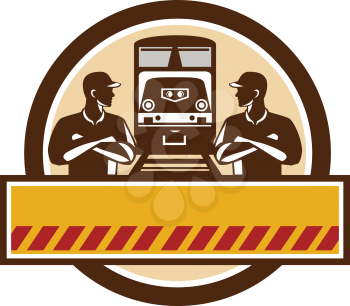Illustration of train engineers with arms crossed looking at each other with diesel train on rail tracks in the background set inside circle done in retro style. 