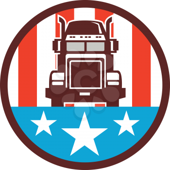 Illustration of a truck viewed from front set inside circle with american stars and stripes in the background done in retro style. 