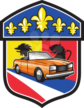 Illustration of a vintage cabriolet coupe car with top-down folding roof with French coat of arms crest and fleur-de-lis iris flower set inside shield crest done in retro style. 
