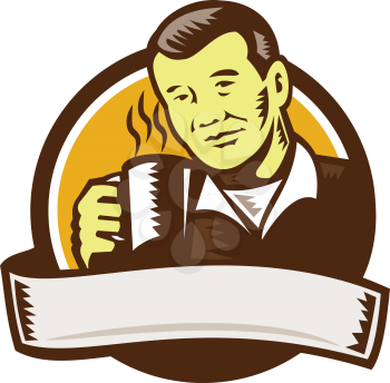 Illustration of an asian man holding cup mug drinking coffee viewed from front set inside circle done in retro woodcut style. 