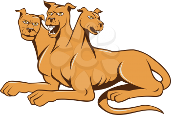 Illustration of cerberus, in Greek and Roman mythology, a multi-headed usually three-headed dog, or hellhound with a serpent's tail, a mane of snakes lion's claws  sitting set inside on isolated white