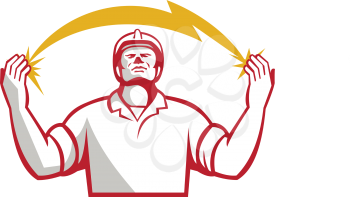 Illustration of an electrician looking up and hands raised with lightning bolt struck in both hands viewed from the front set on isolated white background done in retro style. 