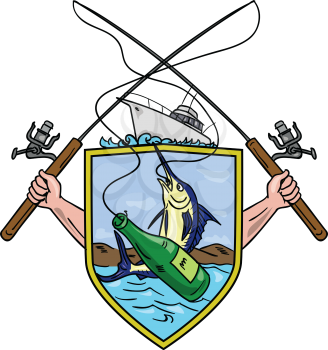 Drawing sketch style illustration of hand holding fishing rod and reel hooking a beer bottle and blue marlin fish set inside crest shield shape coat of arms with deep fishing boat on done. 