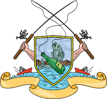 Drawing sketch style illustration of hand holding fishing rod and reel hooking a beer bottle and fish with deep sea fishing boat on side set inside crest shield shape coat of arms done in retro style.