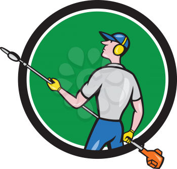 Cartoon style illustration of male gardener holding hedge trimmer looking to the side viewed from rear set inside circle on isolated background. 