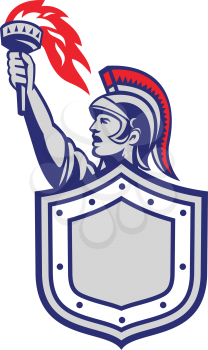 Illustration of a greek warrior looking to the side holding raising up torch with shield in front set on isolated white background done in retro style. 