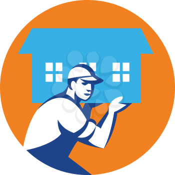 Illustration of a house remover carrying house on shoulder viewed from the side   set inside circle done in retro style. 