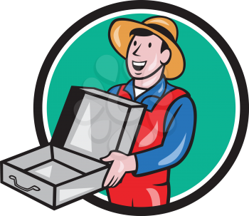 Illustration of a man wearing hat and overalls holding an empty open suitcase set inside circle on isolated backgroun done in cartoon style. 