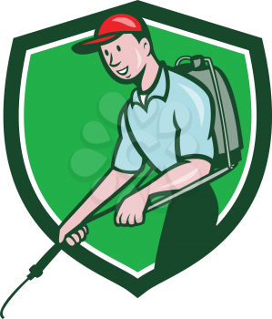 Illustration of a pest control exterminator spraying viewed from the side set inside shield crest on isolated background done in cartoon style. 