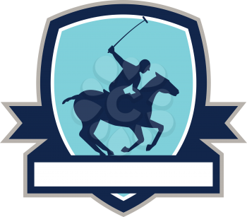 Illustration of a polo player riding horse with polo stick mallet viewed from the side set inside shield crest with ribbon on isolated background done in retro style  
