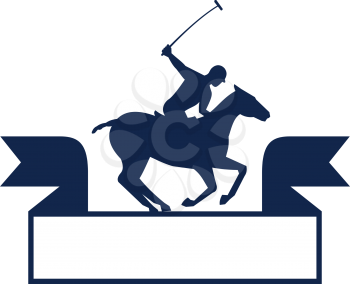 Illustration of a polo player riding horse with polo stick mallet viewed from the side set on isolated white background with ribbon done in retro style.