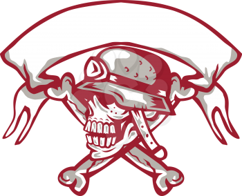 Illustration of a skull looking to the side wearing bike helmet with crossed bones at the back and ribbon on top set on isolated white background done in retro style. 