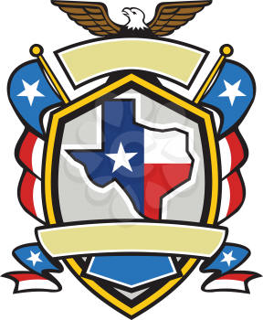 Illustration of coat of arms style emblem of Texas state map draped in its state flag with american eagle up on top and unfurled Texan lone star flags on side set inside crest shield done in retro sty