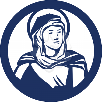 Illustration of the Blessed Virgin Mary looking to the side set inside circle done in retro style. 