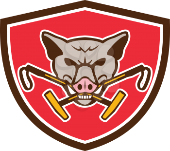 Illustration of an angry wild pig hog head biting crossed polo mallet viewed from front set inside shield crest on isolated background done in retro style. 