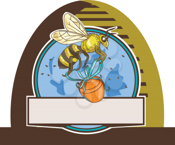 Drawing sketch style illustration of a worker honey bee carrying a honey pot with ribbon viewed from the side set inside circle in a skep. 