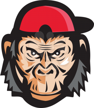 Illustration of head of an angry chimpanzee baseball player wearing baseball cap viewed from front set on isolated white background done in retro style. 