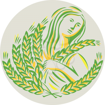Illustration showing Demeter, Greek goddess of the harvest and agriculture, who presided over grains and fertility holding wheat grain looking to the side viewed from front set inside circle done in r