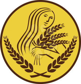 Illustration showing Demeter, Greek goddess of the harvest and agriculture, who presided over grains and fertility holding wheat grain viewed from front set inside oval shape on isolated background do
