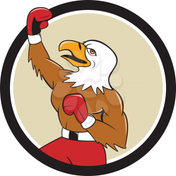 Illustration of a bald eagle boxer pumping fist in the air looking up viewed from the side set inside circle done in cartoon  style. 