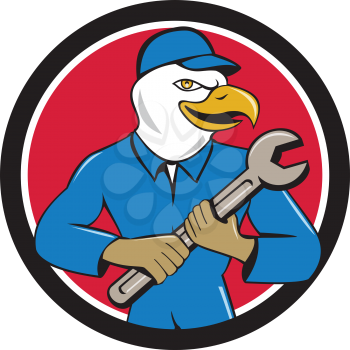 Illustration of a american bald eagle mechanic looking to the side holding spanner  viewed from front set inside circle on isolated background done in cartoon style. 