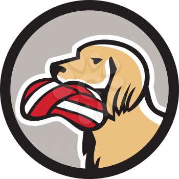 Illustration of a head of an english setter dog holding biting deflated volleyball viewed from the side set inside circle done in retro style. 