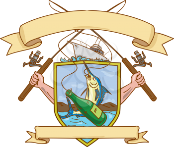 Drawing sketch style illustration of hand holding fishing rod and reel hooking a beer bottle and blue marlin fish with mountain land in the background set inside crest shield shape coat of arms with r