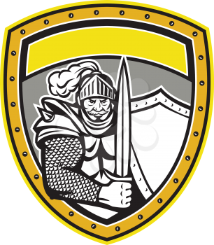 Illustration of a knight in full armor with open visor holding sword and shield viewed from the front set inside shield crest done in retro style. 
