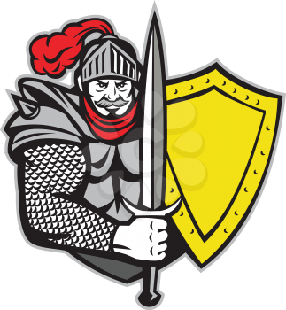 Illustration of a knight in full armor with open visor holding sword and shield viewed from the front set on isolated white background done in retro style. 