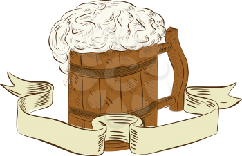 Drawing sketch style illustration of a medieval beer mug with foam set on isolated white background with ribbon done in retro style. 