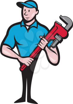 Illustration of a plumber in overalls and hat standing looking to the side holding monkey wrench viewed from front set on isolated white background done in cartoon style.