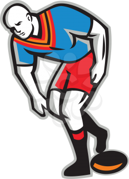 Illustration of a rugby league player playing ball viewed from front set on isolated white background done in retro style. 