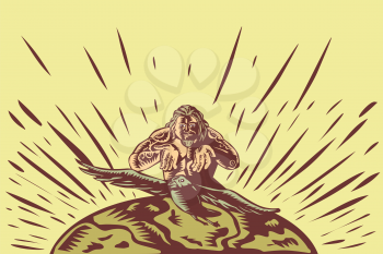 Illustration of Samoan legend god Tagaloa releasing his plover bird daughter to come down to the earth island to populate them done in retro woodcut style