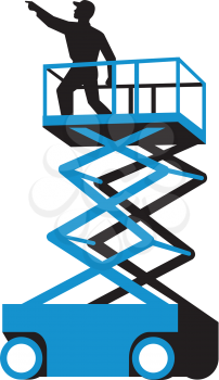 Illustration of a worker on a scissor lift or cherry picker and also known as an aerial work platform (AWP), aerial device, elevating work platform (EWP), or mobile elevating work platform (MEWP), poi