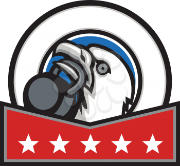Illustration of an american bald eagle head looking up to the side lifting kettleball with beak set inside circle with stars done in retro style. 