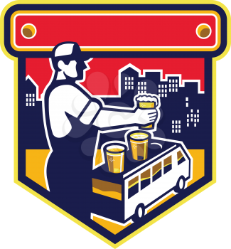 Illustration of bartender holding beer with beer flight on top of van and cityscape buildings in the background viewed from the side set inside shield crest done in retro style. 