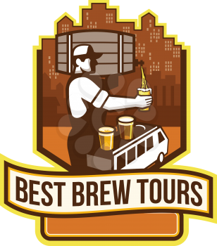 Illustration of bartender carrying keg on shoulder pouring beer from keg viewed from the side with van bus and cityscape buildings in the background and the words Best Brew Tours set inside shield cre