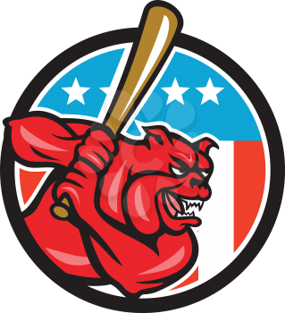 Illustration of a bulldog baseball player batter hitter batting viewed from side set inside circle with usa stars and stripes flag in the background done in retro style. 