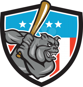 Illustration of a bulldog baseball player batter hitter batting viewed from side set inside shield crest with usa stars and stripes flag in the background done in retro style. 