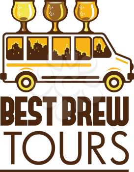 Illustration of  beer flight glass each holding a different beer type on top of van with cityscape buildings in the background viewed from the side with the words Best Brew Tours below set on isolated