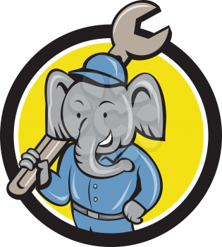 Illustration of an elephant mechanic holding spanner on shoulder viewed from front set inside circle on isolated background done in cartoon style. 