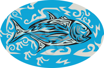 Tribal art style illustration of a giant trevally, Caranx ignobilis  also known as giant kingfish, lowly trevally, barrier trevally, or ulua a species of large marine fish in the jack family, Carangid