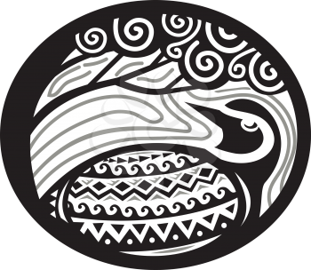 Tribal Art style illustration of a Pacific golden plover, Pluvialis fluva or kolea, a medium-sized plover looking up to a tree viewed from the side set inside oval shape. 