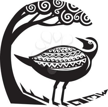 Tribal Art style illustration of a Pacific golden plover, Pluvialis fluva or kolea, a medium-sized plover standing looking up to a tree viewed from the side set inside circle. 