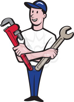 Illustration of a repairman handyman worker wearing hat standing holding spanner and monkey wrench looking to the side viewed from front set on isolated white background done in cartoon style. 